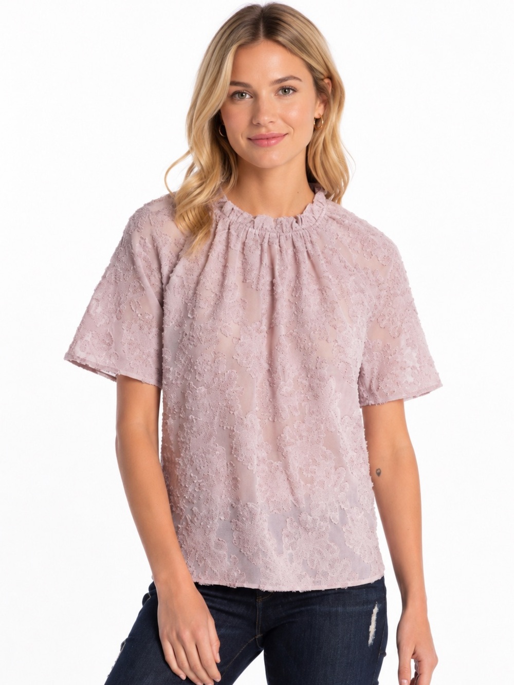 14th & Union Mock Neck Jacquard Lace Blouse Medium NWOT Dusty Pink Sheer Floral